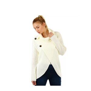 Unbranded Waffle Knit Cowl Neck Split Front Sweater Cream Womens L EUC
